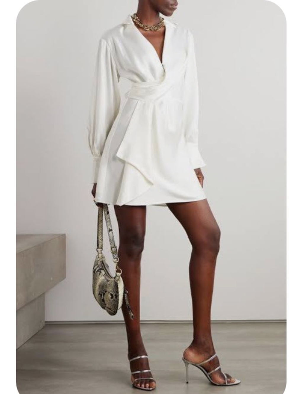SIMKHAI White Long-Sleeve V-Neck Wrap Mini Dress